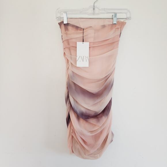Zara Peach Cream Beige Tie Dye Strapless Tulle Mini Dress Size XS - Picture 3 of 8
